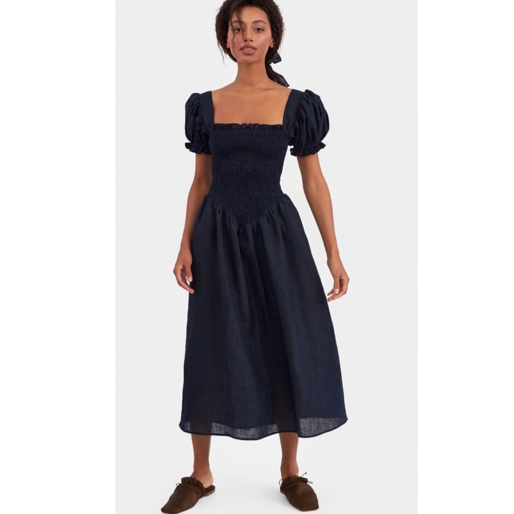 SLEEPER BELLE LINEN DRESS IN NAVY